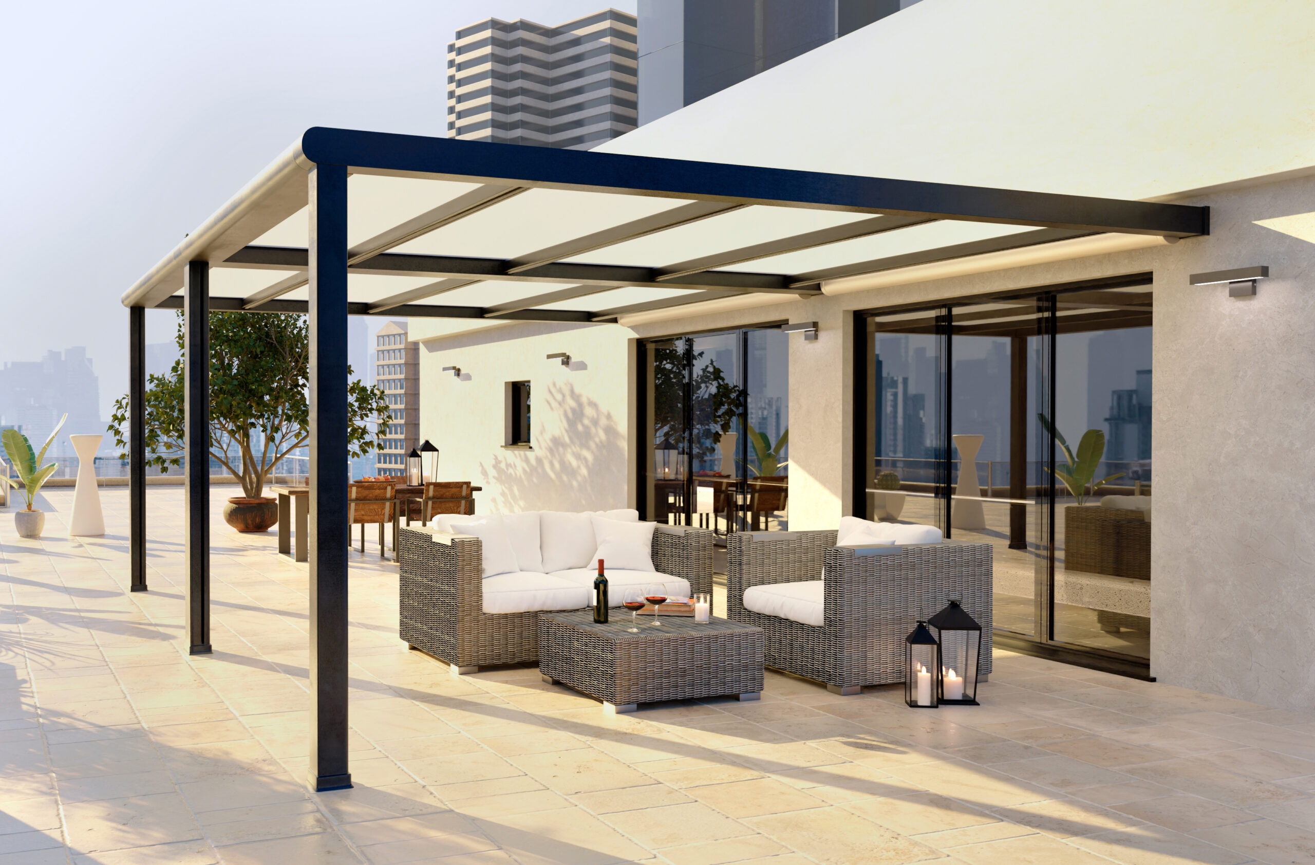 3D illustration of luxury top floor city apartment with private pergola and rattan deco furniture. Scenic view with city in background.