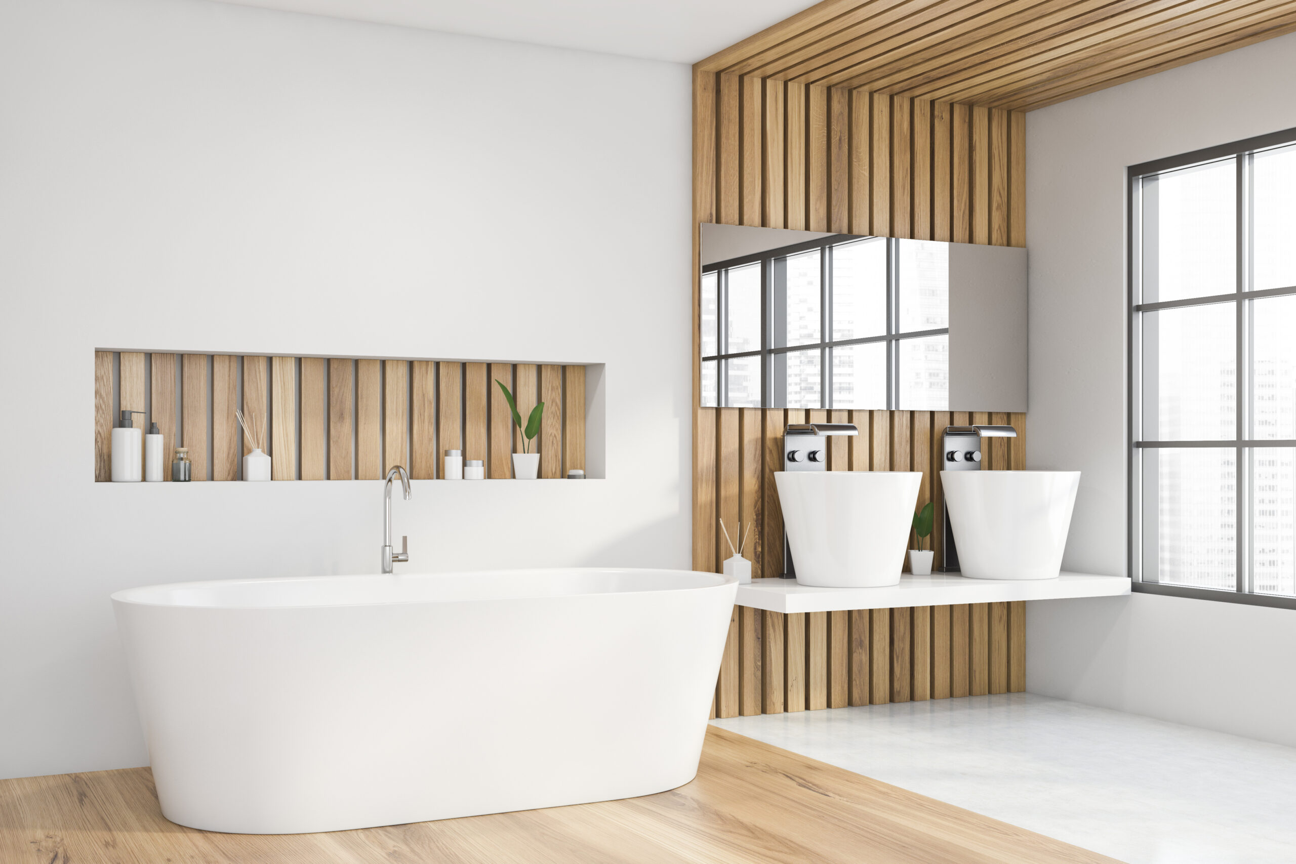 Cozy white bathtub with shelf above it standing in modern bathroom corner with white and wooden walls and massive double sink. 3d rendering